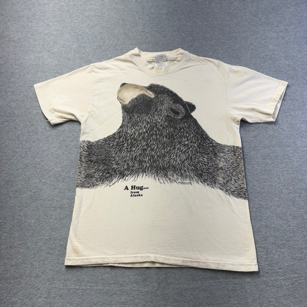 Vintage Hanes Beefy-T Alaska Bear Hug Graphic T-Shirt Mens Medium White 90s USA